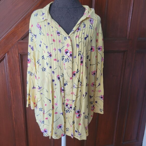 Woman Within Floral Button-Up Blouse Yellow With Pink & Purple Flowers Size 1X 2 - Picture 1 of 6